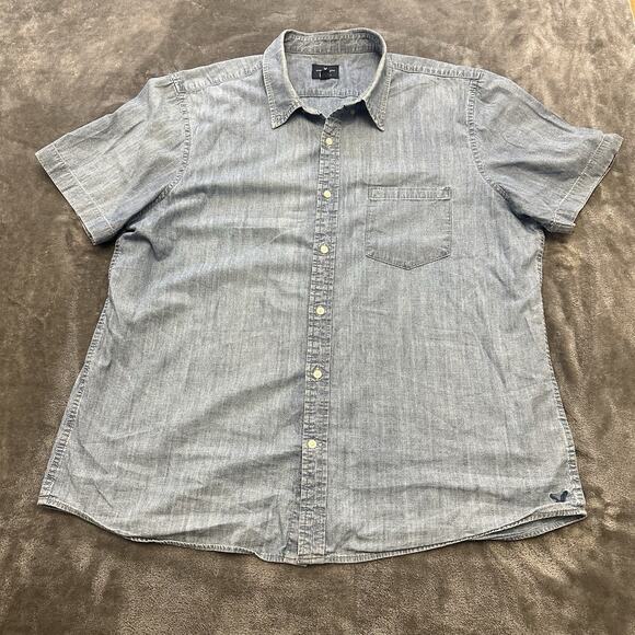 American Eagle Shirt Mens XXL Blue Chambray Denim Button Down Short Sleeve - Picture 1 of 9